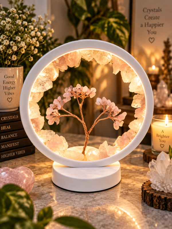 Rose Quartz Circle-Shaped Tree Lamp with Wire